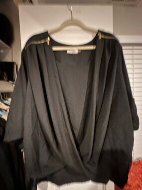 Calvin Klein Black Draped Blouse with Gold Accents
